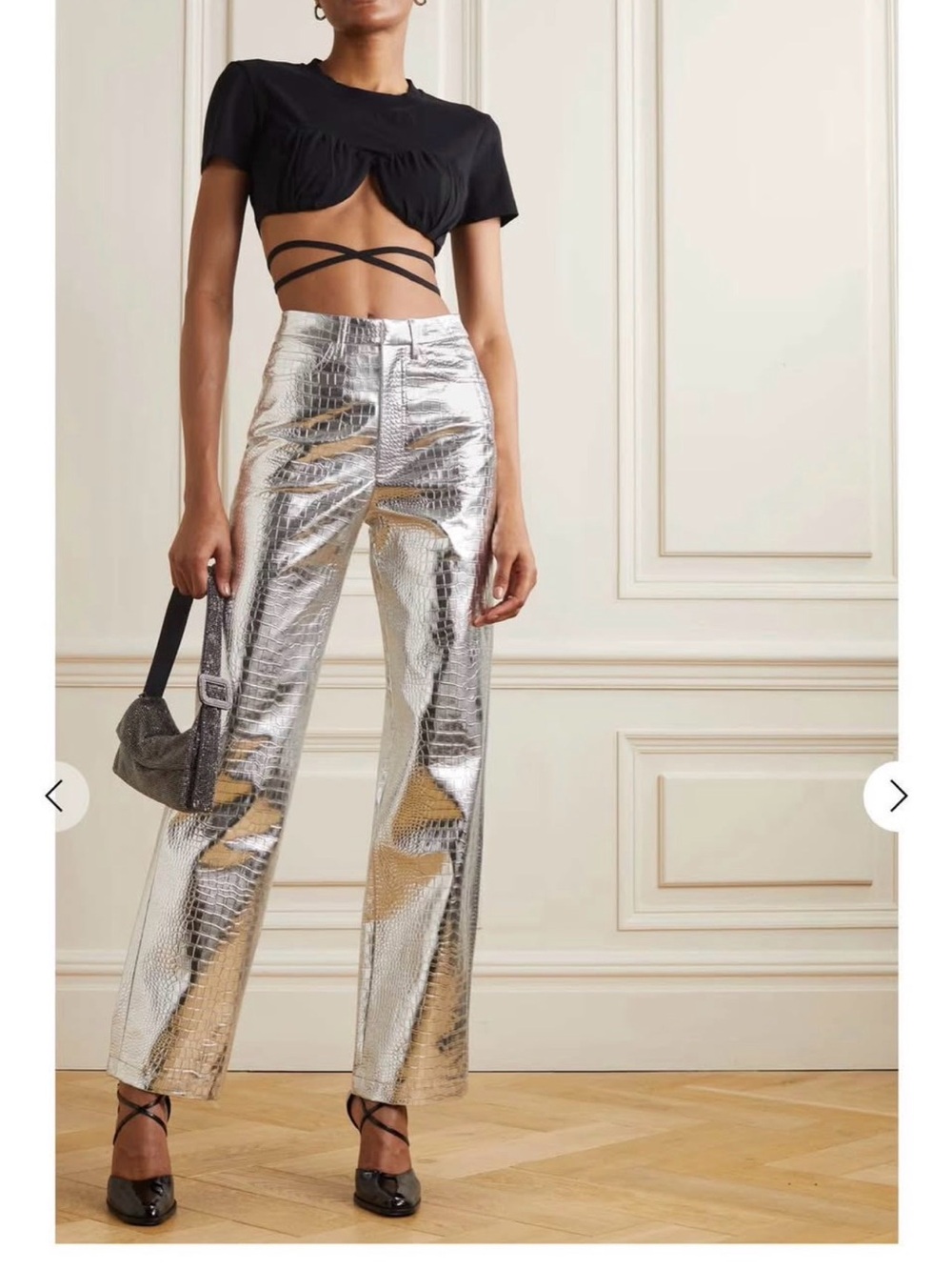 Rotate Croc-Embossed Metallic Straight-Leg Pants in Silver